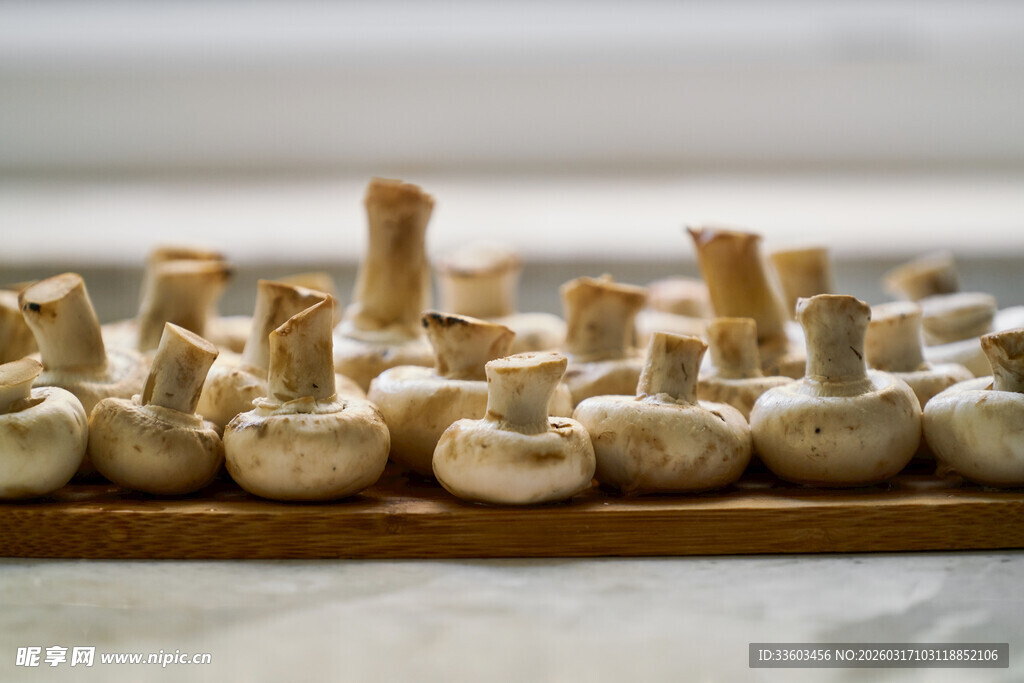 新鲜蘑菇整齐摆放在木盘上