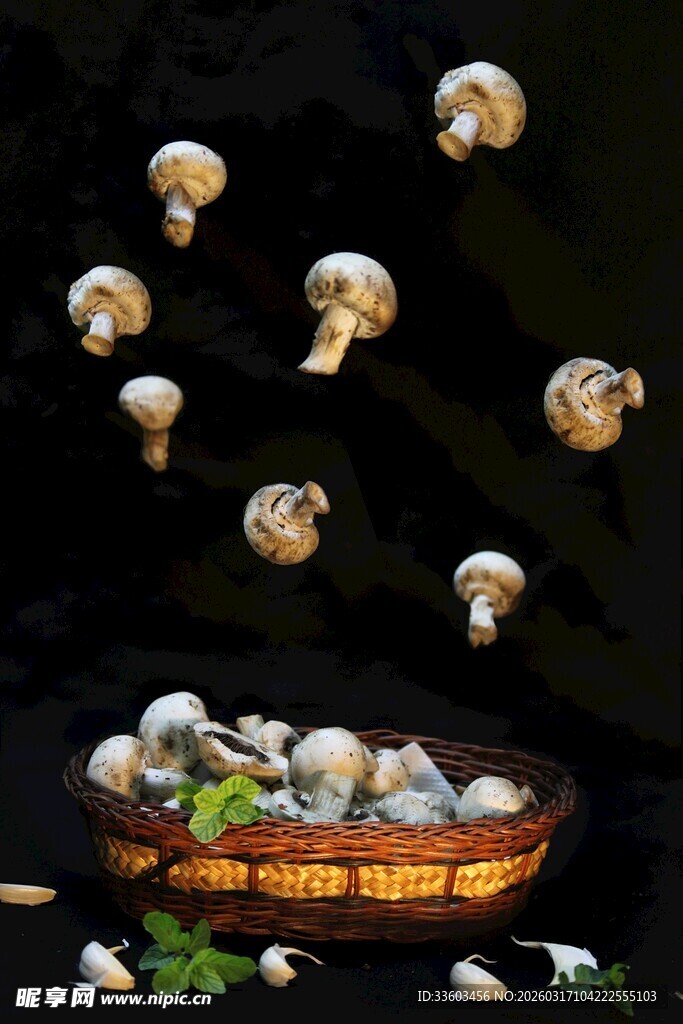 篮子上方飞舞的新鲜蘑菇