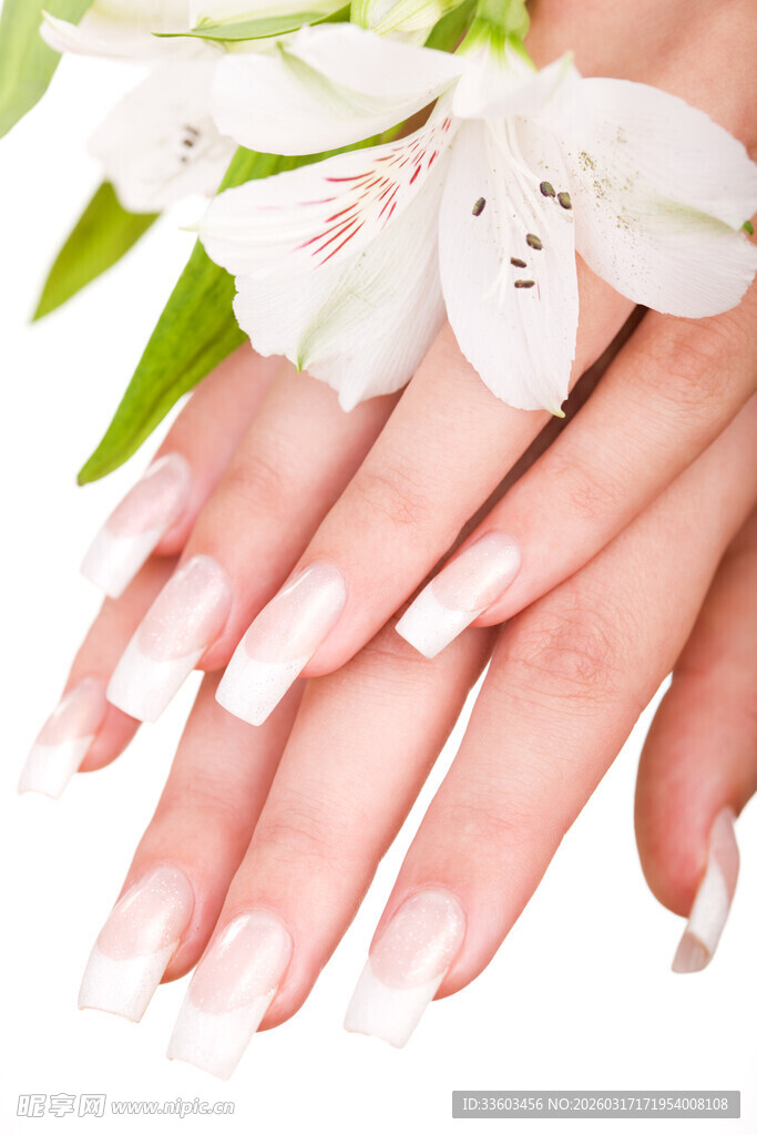 优雅白美甲与花卉装饰