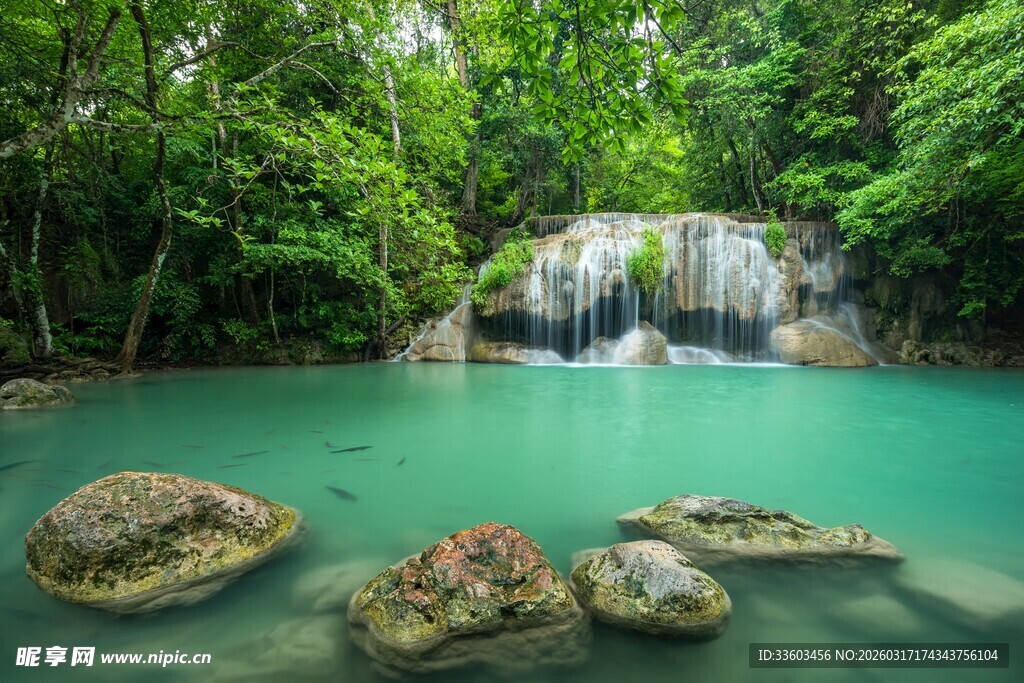 森林中的碧绿清澈瀑布潭