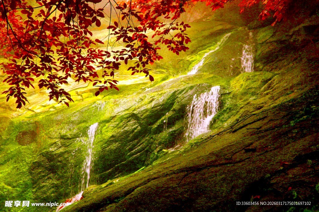 秋日山间瀑布红叶美景