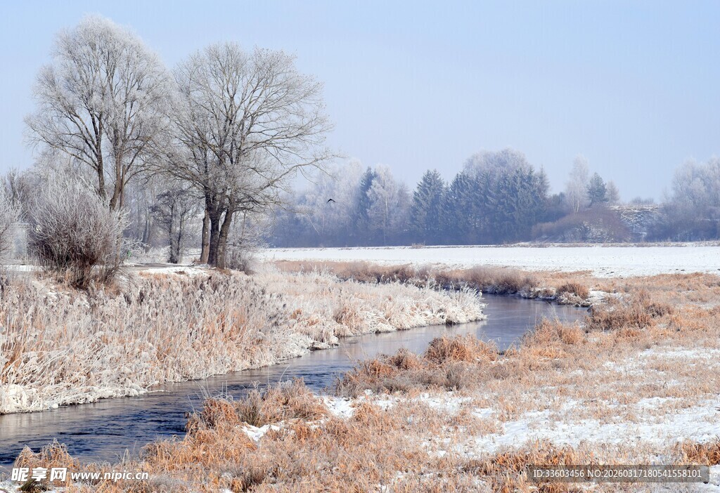 冬日河畔雪景图