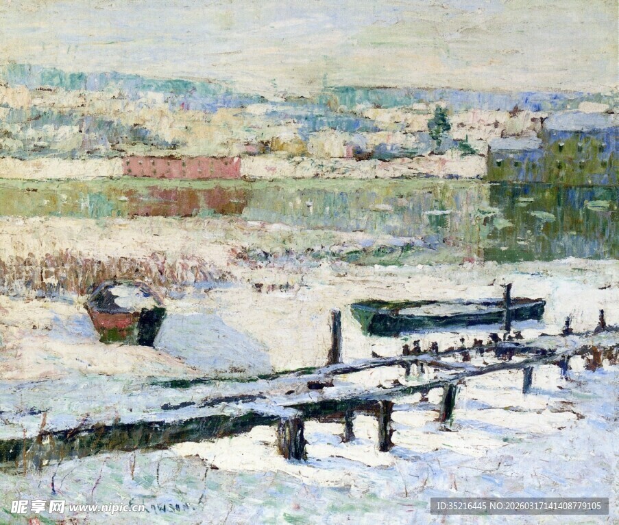 冬日河畔码头雪景