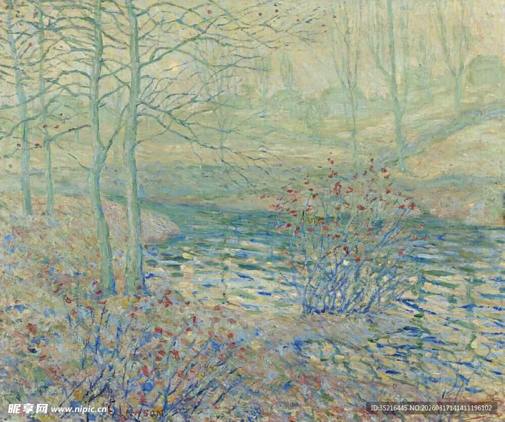 林间河畔风景油画