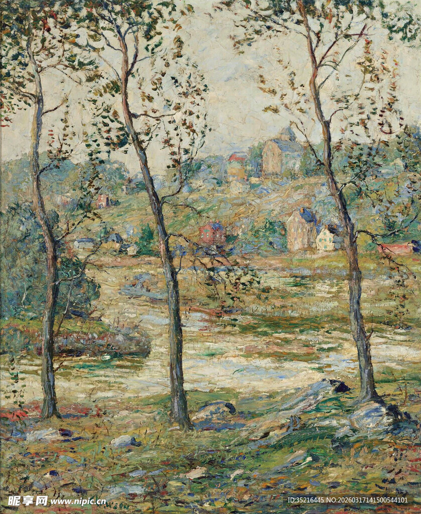 乡村林间风景油画