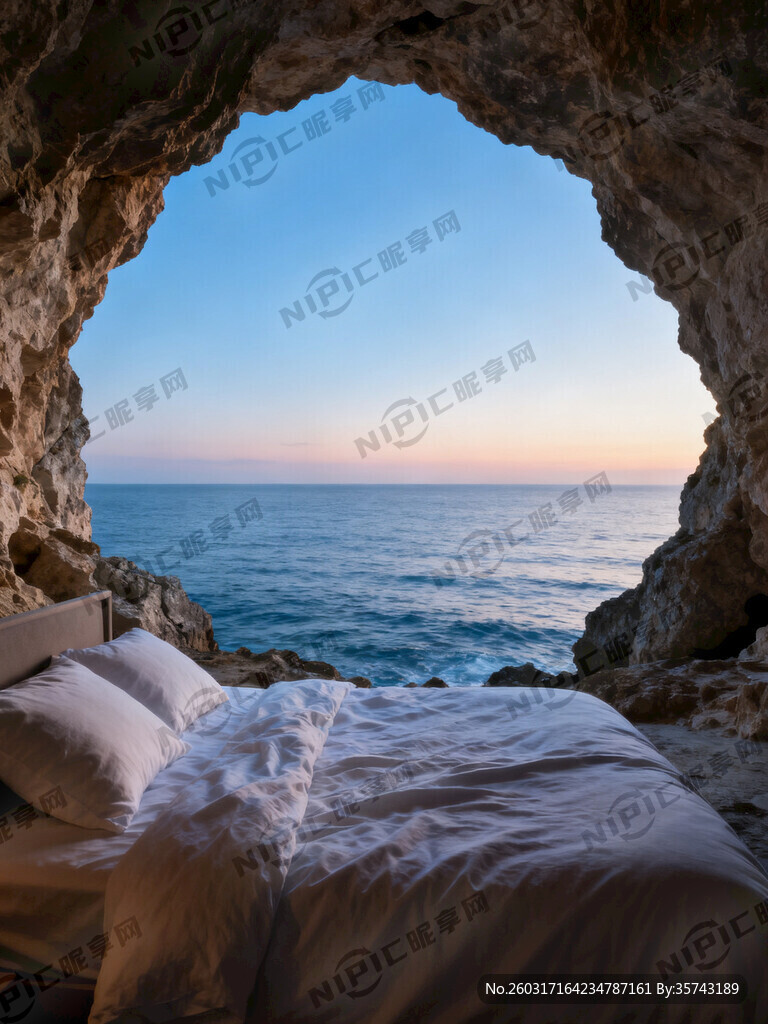 岩洞卧室看出去的天蓝海阔风景