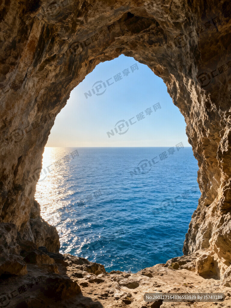 岩洞房间看出去的天蓝海阔的大海