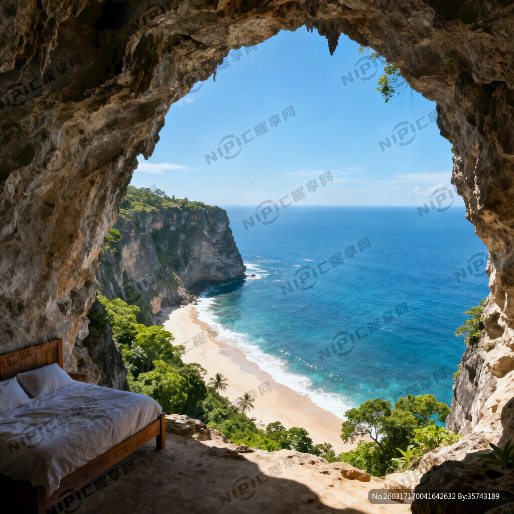 天然岩洞房间看出去的高空俯瞰悬