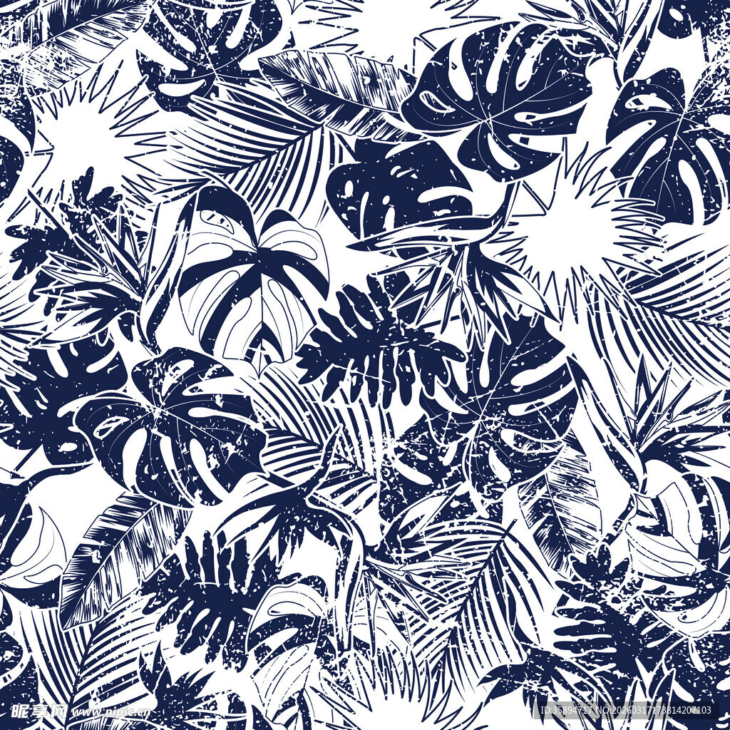 蓝白热带植物花纹图案