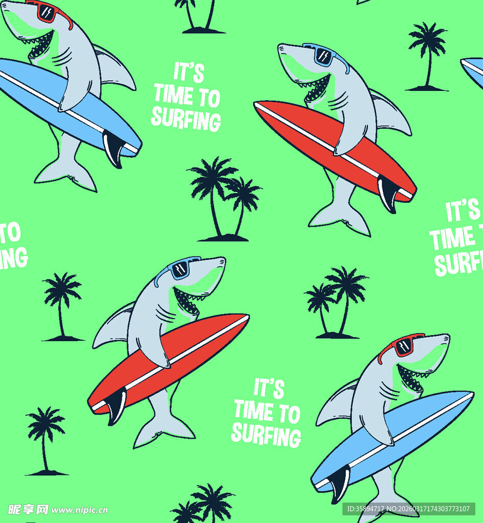 鲨鱼冲浪图案的绿色背景布料