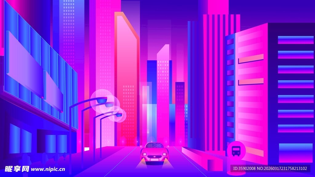 霓虹都市夜景中的孤独车辆