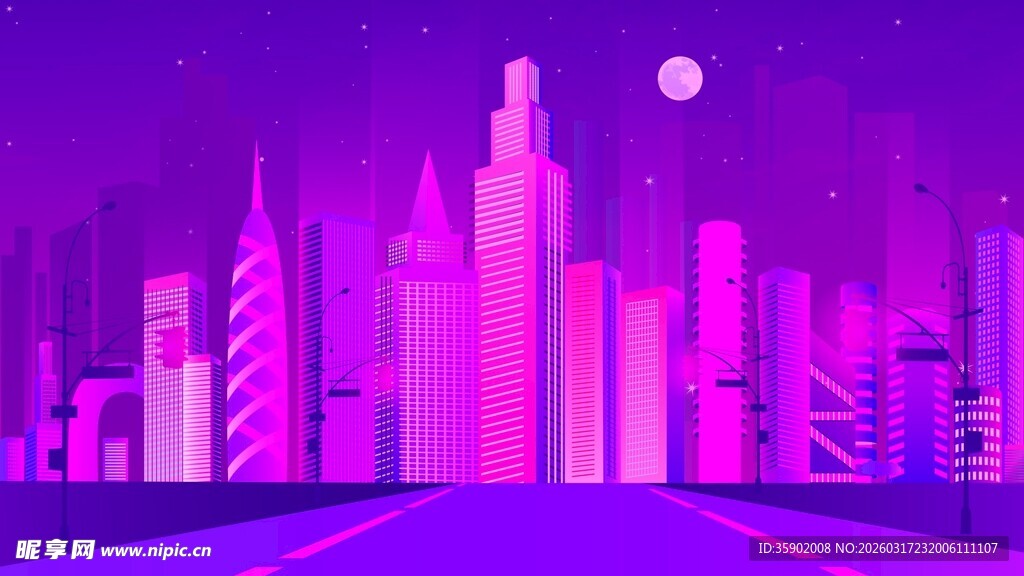 梦幻紫色未来城市夜景