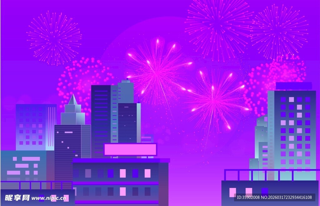 城市夜景中的绚烂烟花