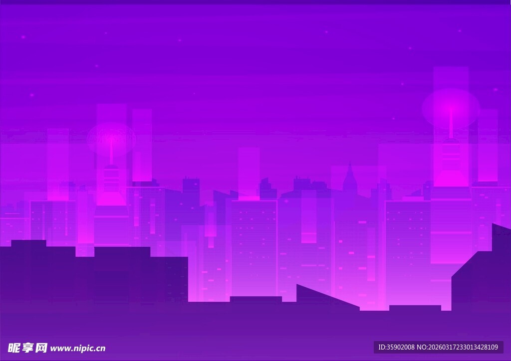 紫色城市天际线剪影