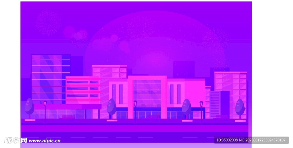 紫色调城市建筑景观图