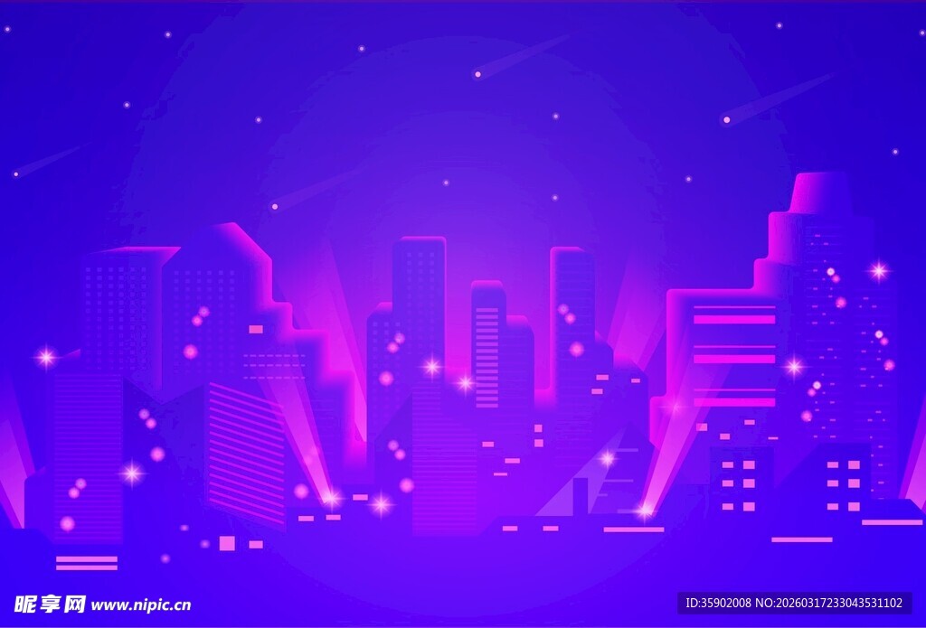 梦幻紫色城市夜景插画