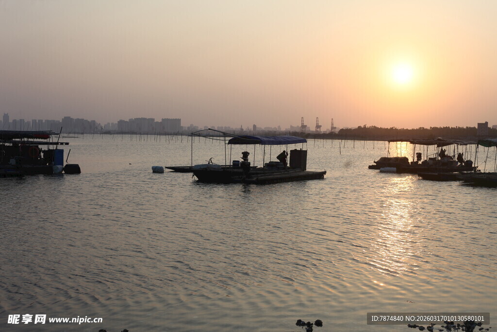 夕阳下的江面船只景象