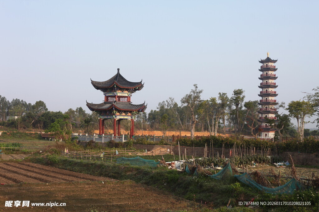 田野中的古塔古亭景观