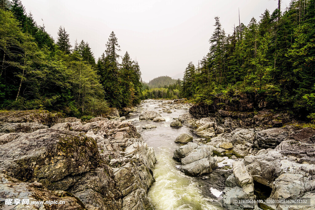 山间湍急溪流穿岩石而过