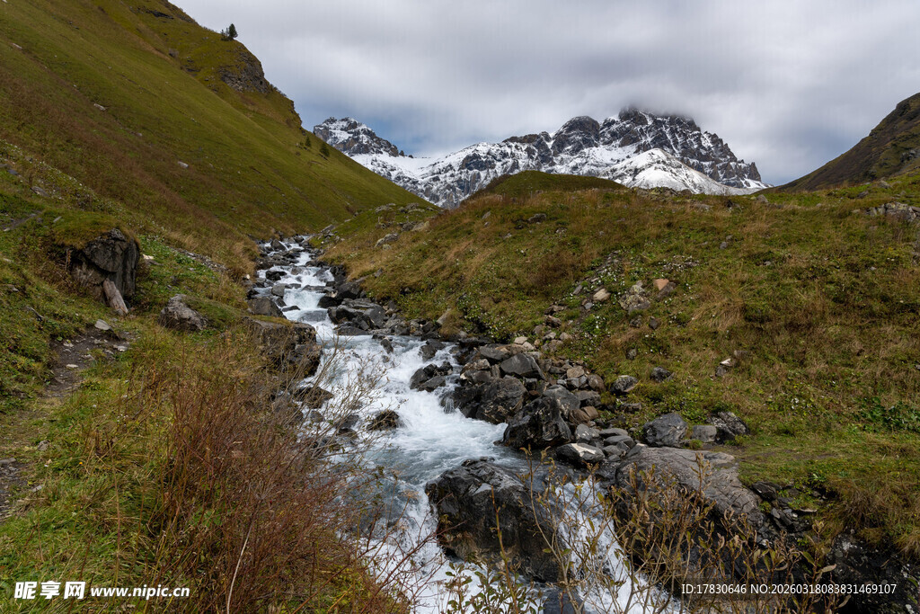 山间溪流穿草地伴雪山