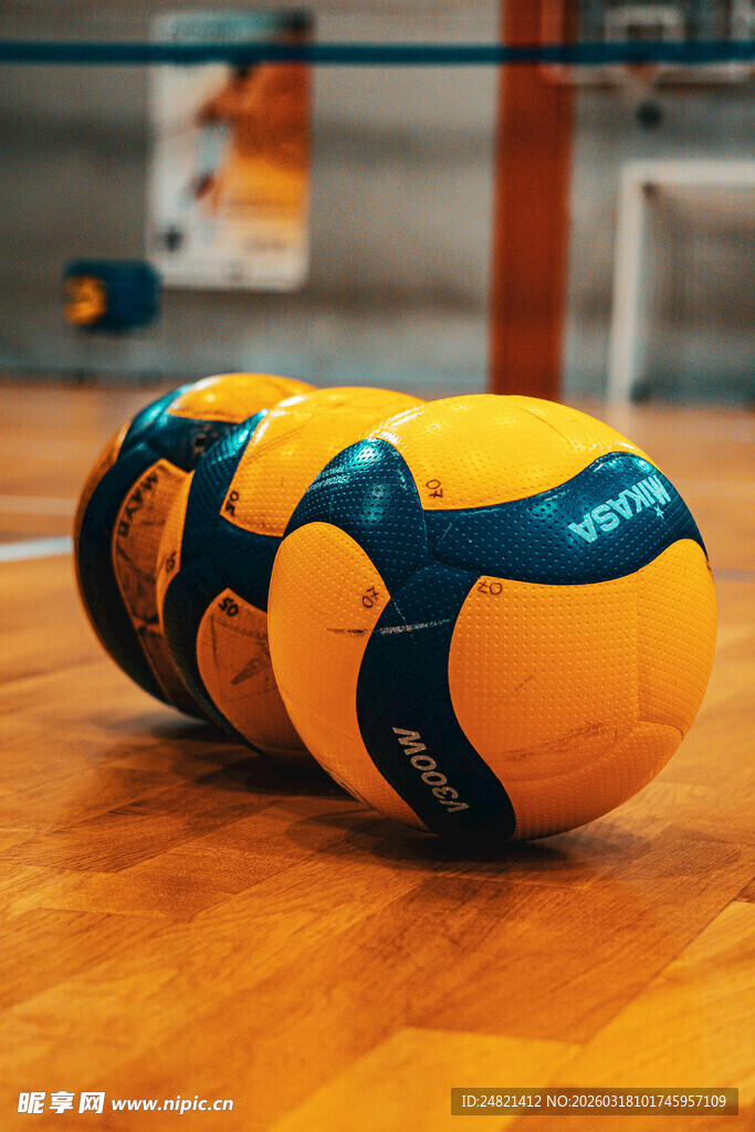 室内木地板上的排球组合