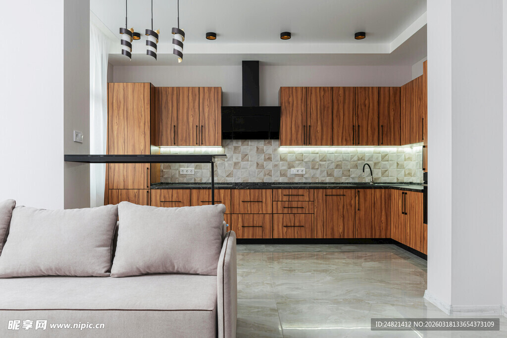 现代简约风客厅厨房相连空间