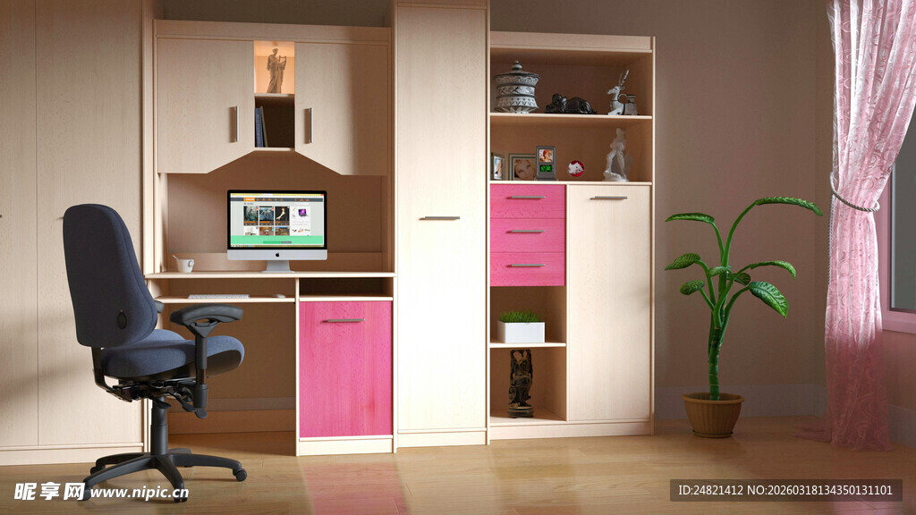 粉色系简约书房办公场景