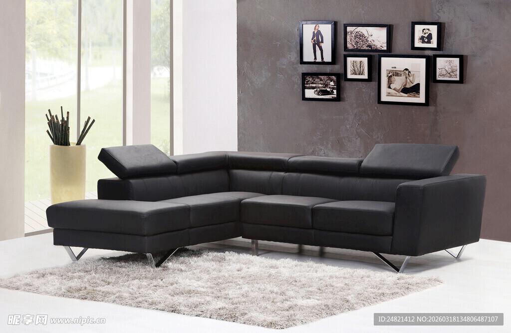 现代简约黑色转角皮质沙发