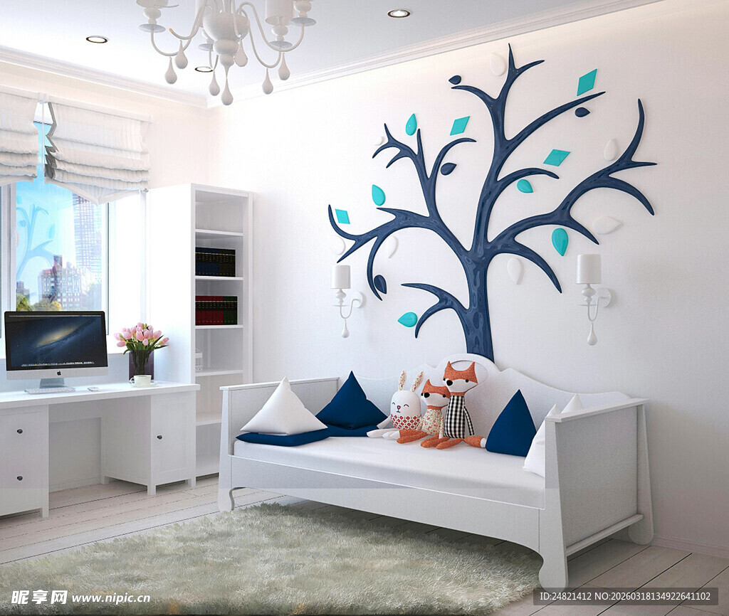 简约风卧室的创意树墙贴