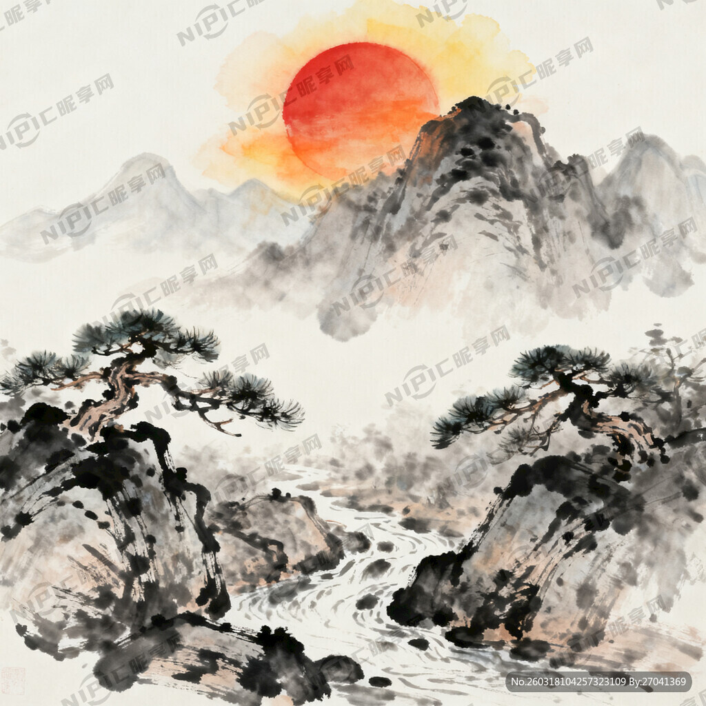 山水水墨画 有太阳