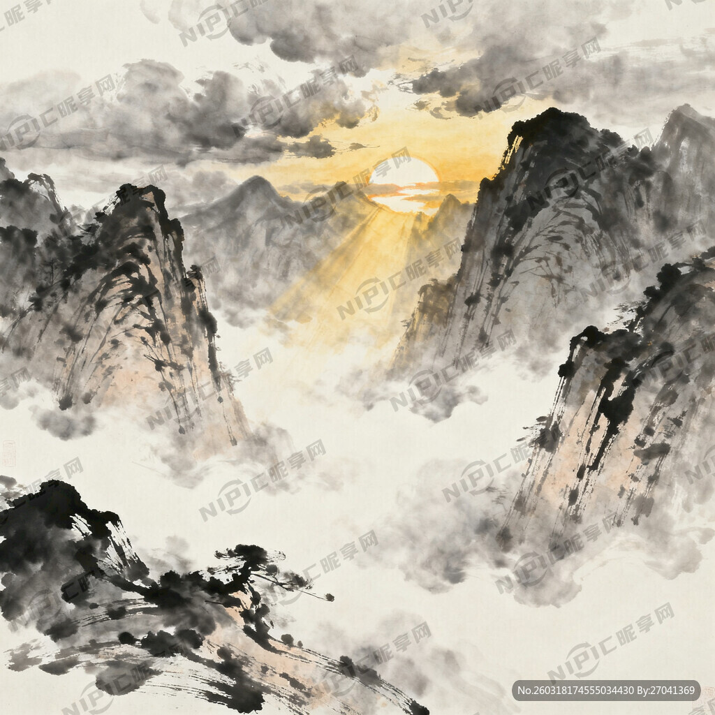 山谷 太阳。中国风 中国画