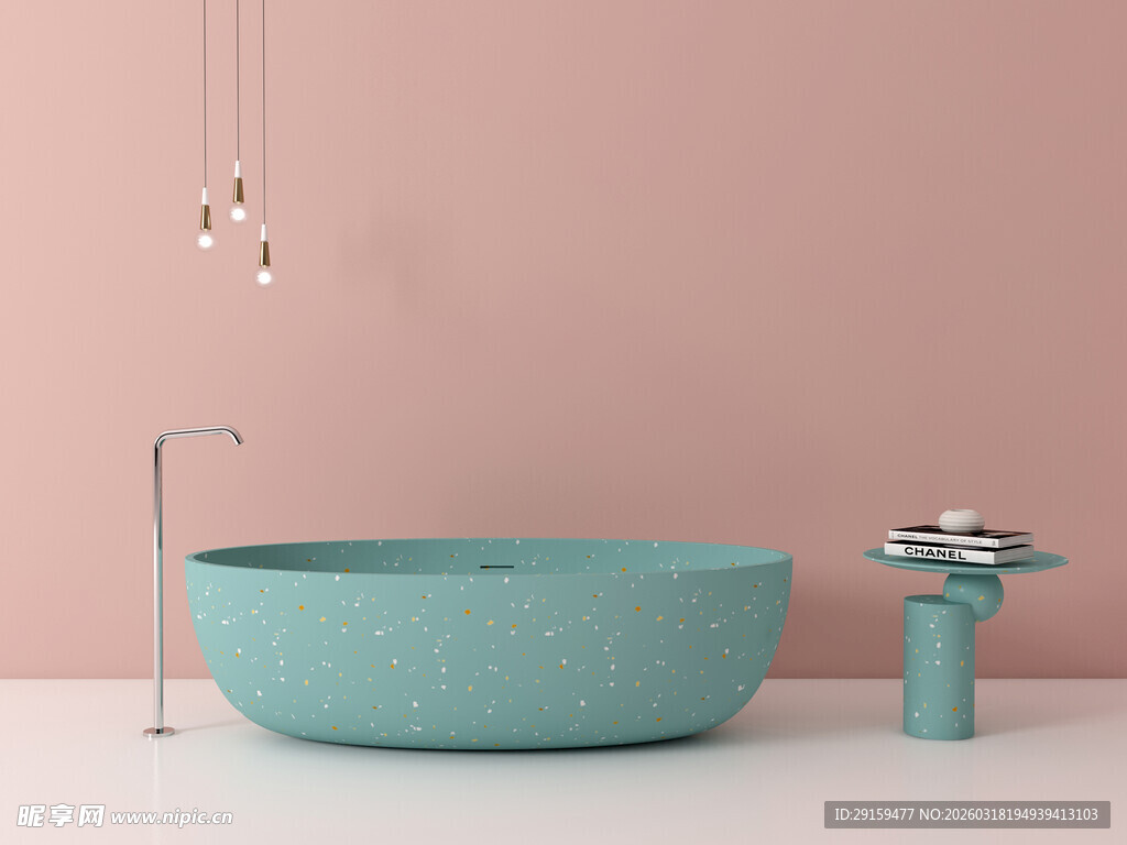 淡蓝浴缸搭配温馨粉色背景