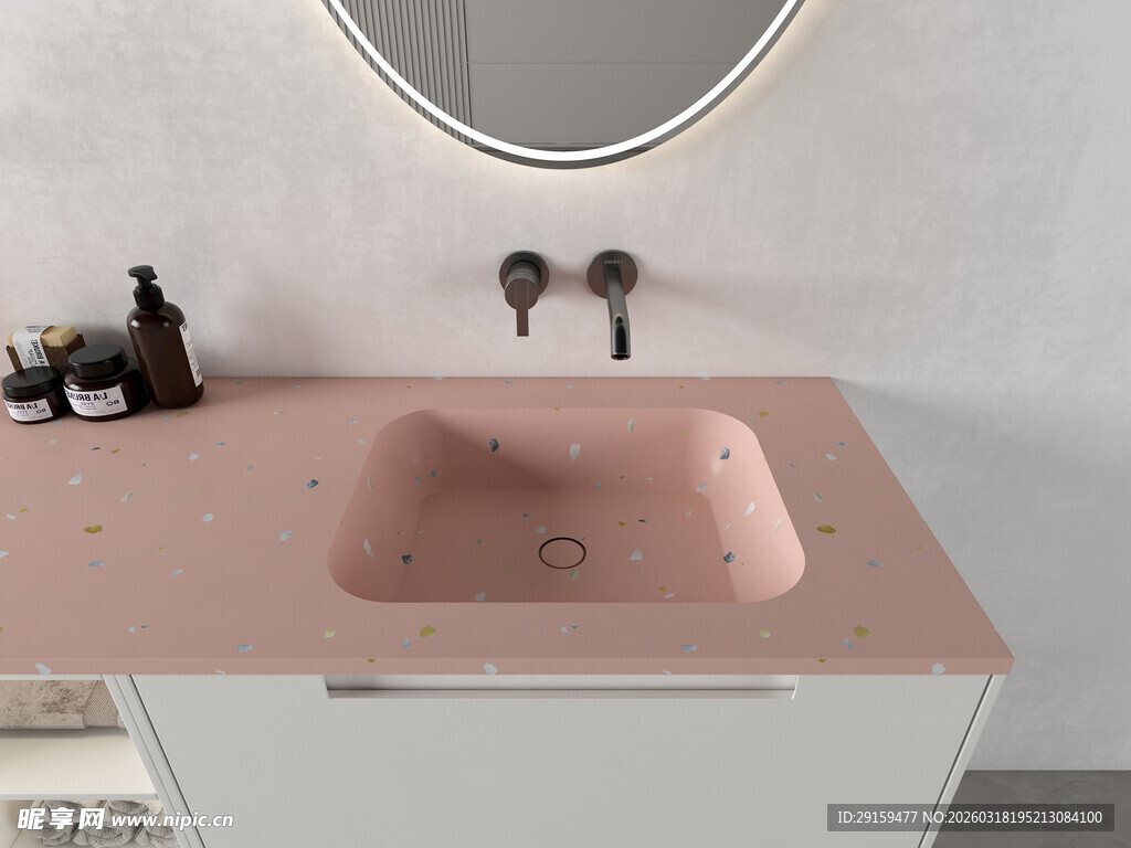粉色洗手台搭配圆形镜子