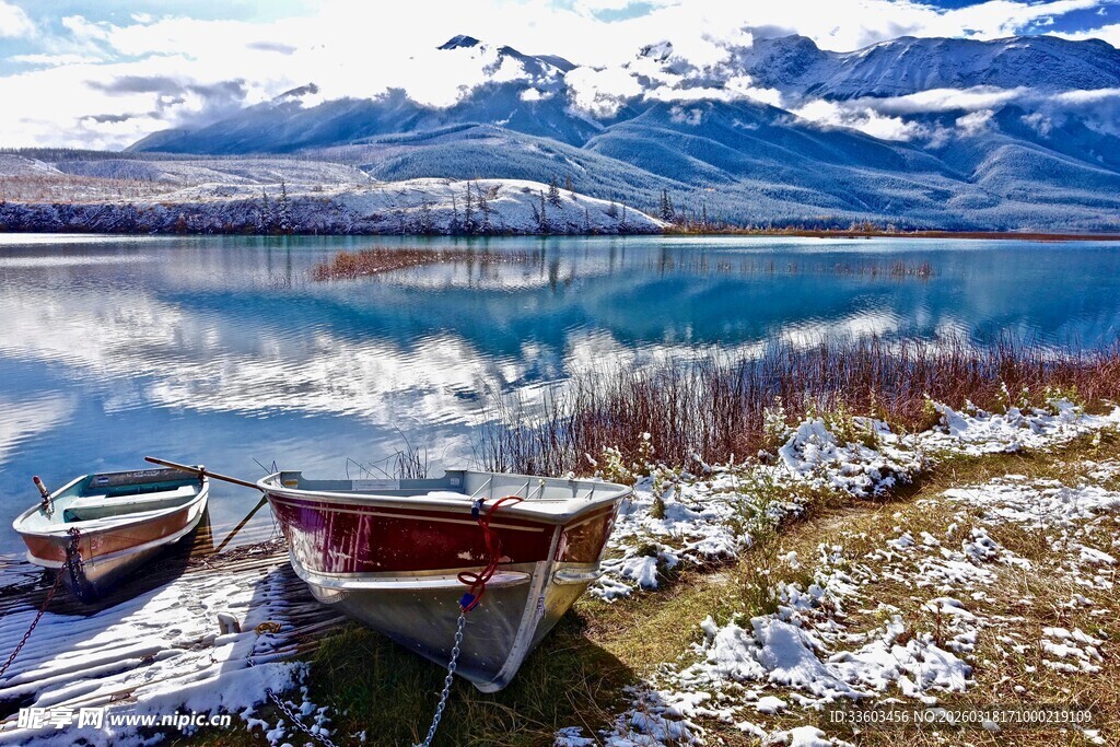 湖畔雪景中的停泊小船