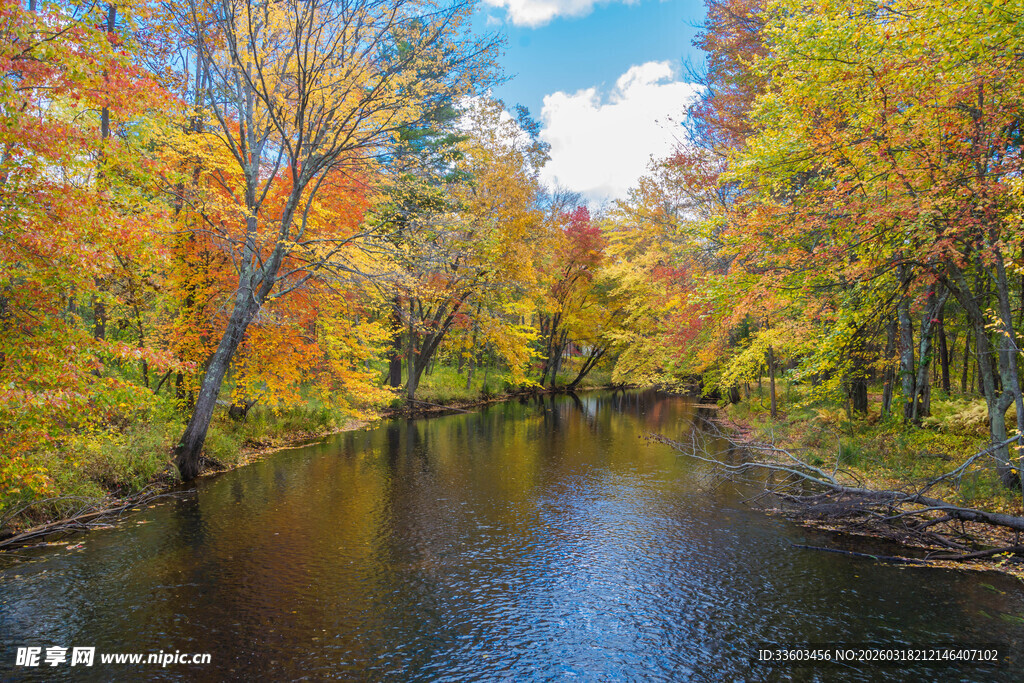 秋日河畔绚丽多彩景致