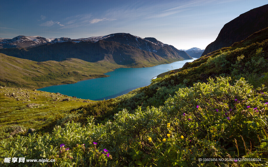 山间幽蓝湖泊与葱郁植被