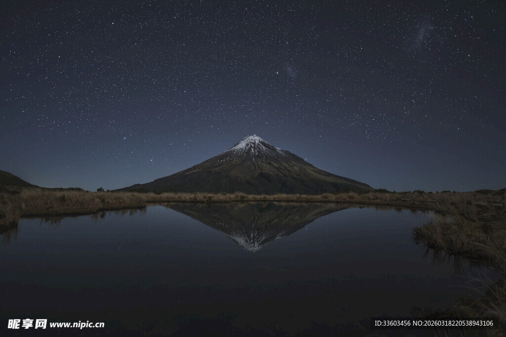湖畔雪山夜景星空倒影