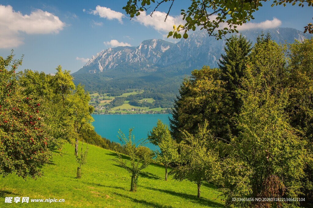 湖畔青山绿树美景风光