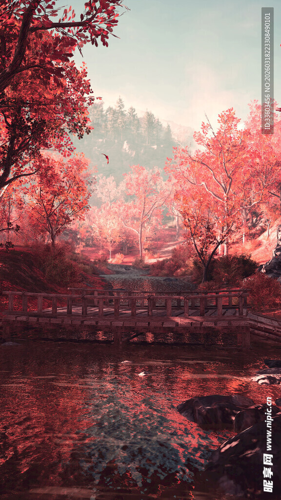 秋日湖畔红叶美景