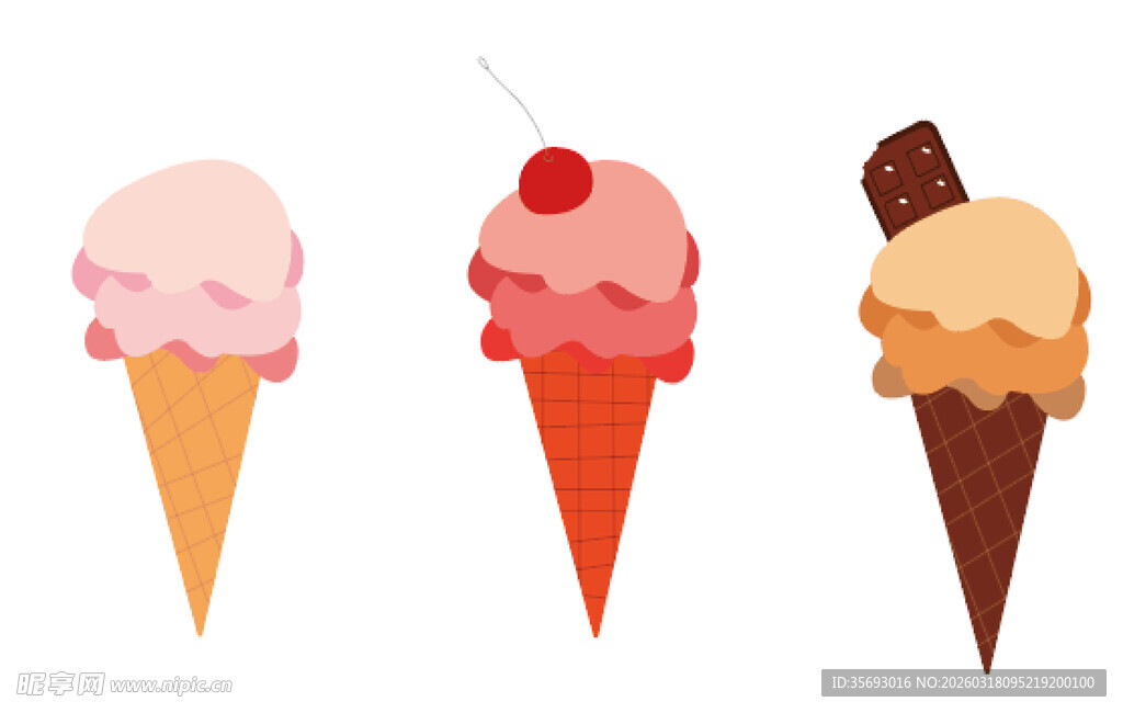 三种美味冰淇淋甜筒 