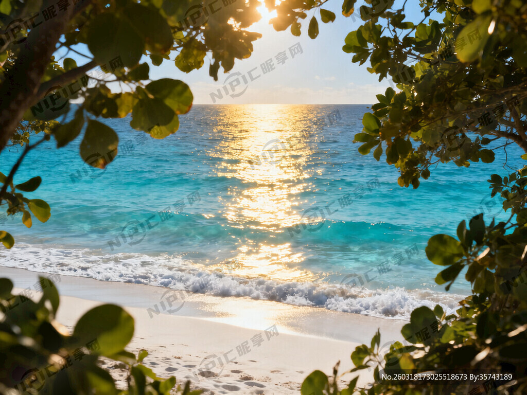 树林看出去的沙滩大海 海景漂亮