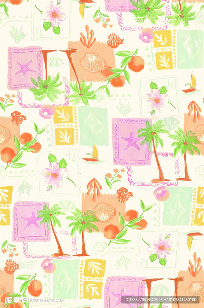 卡通动物与植物无缝图案