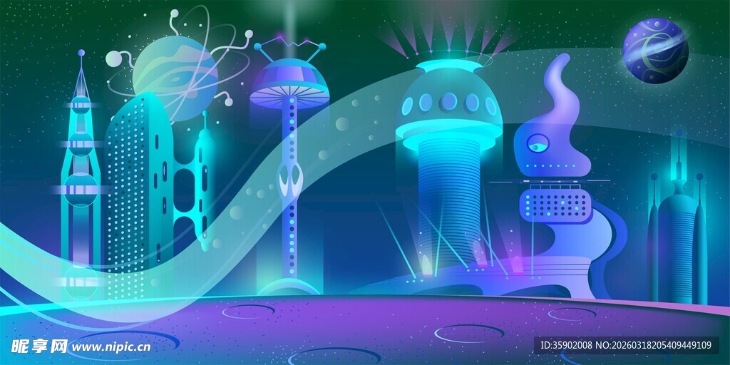 梦幻科幻风的未来城市景观