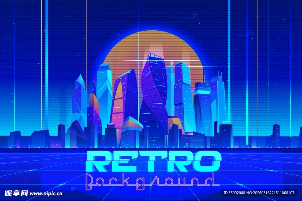 复古未来风城市夜景背景图