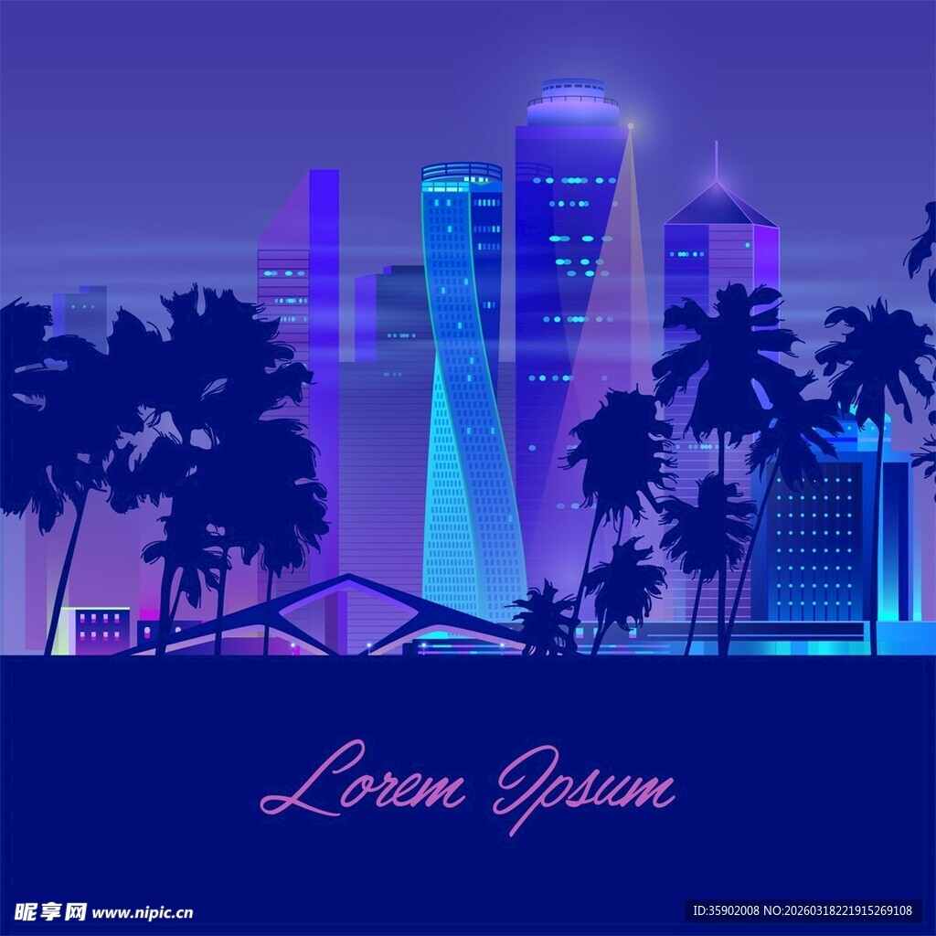 霓虹都市下的棕榈树夜景