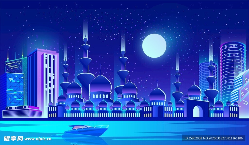 梦幻夜光下的未来城市景观