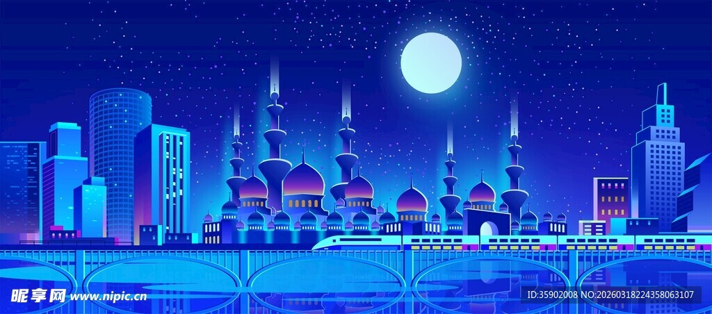 梦幻都市月夜夜景风光