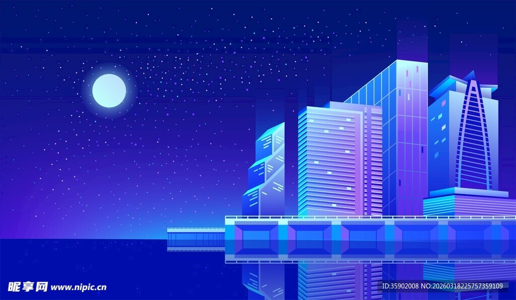 梦幻都市夜景月光下的璀璨