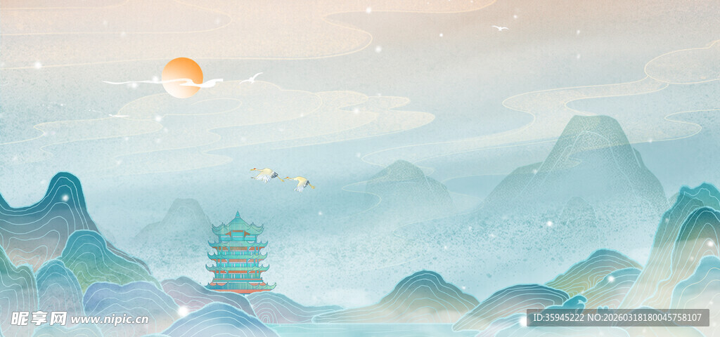 水墨山水间的日出美景