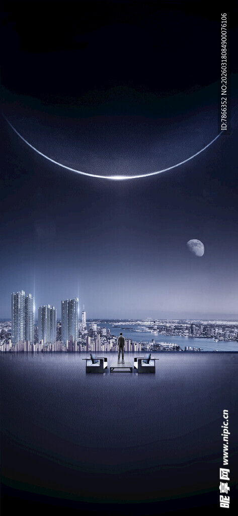 未来都市夜景与空中星球